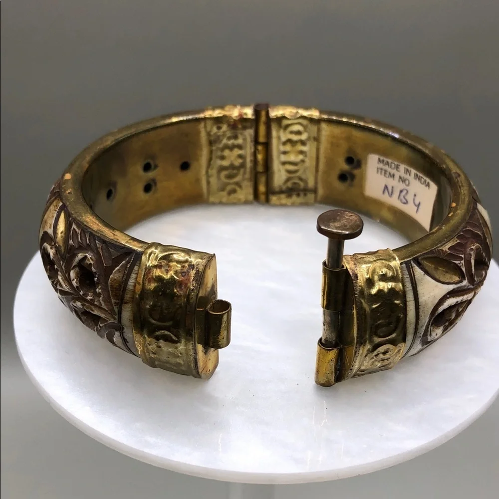 Carved bone hinge bangle bracelet vintage handmade India boho rustic statement.